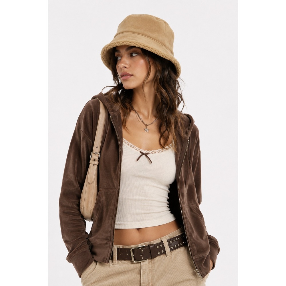 Y2K Faux Suede Sherpa Bucket Hat Tan Shearling Lined Cozy Winter Neutral